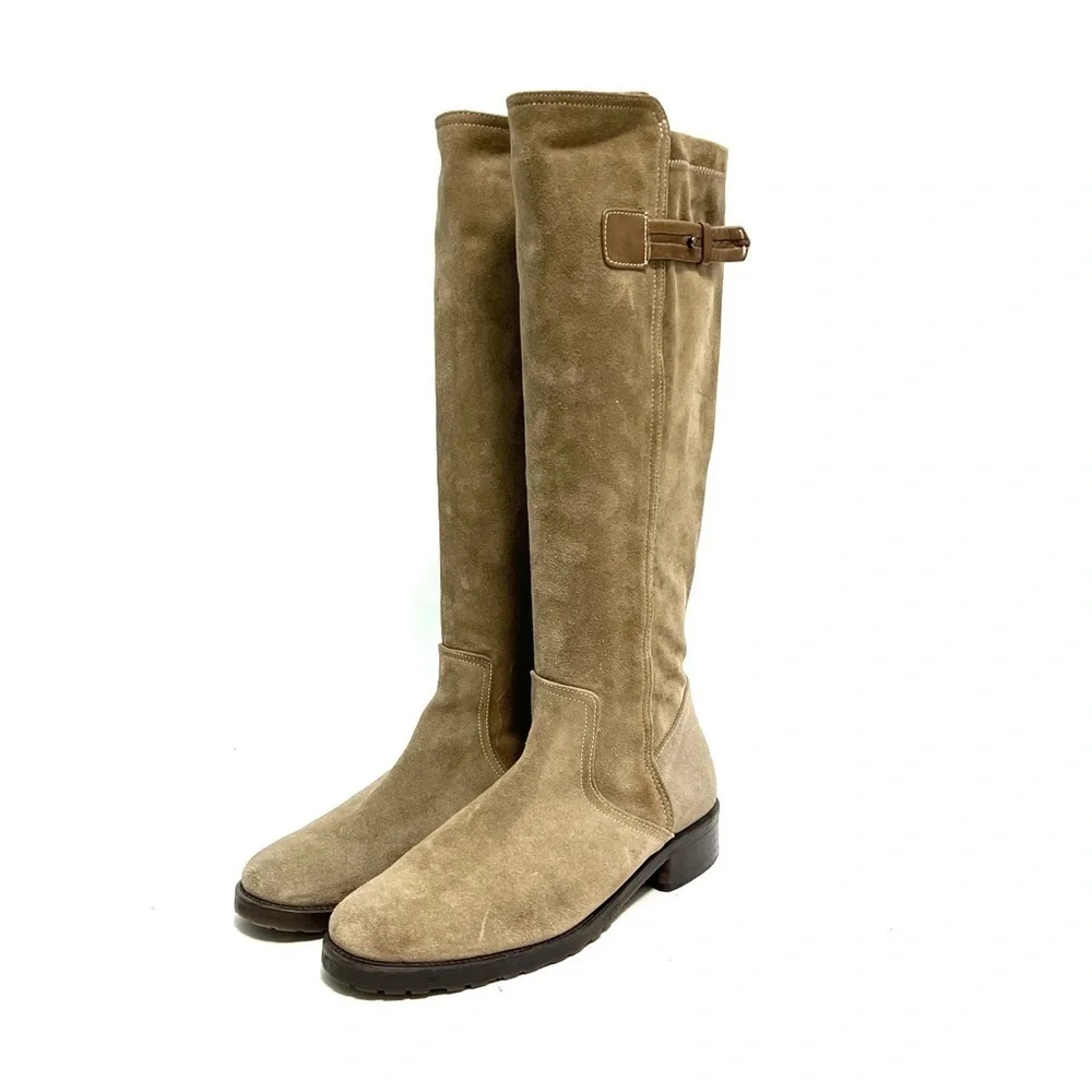 Vintage 1990s women’s tan suede zip up knee high fleece line buckle riding boots